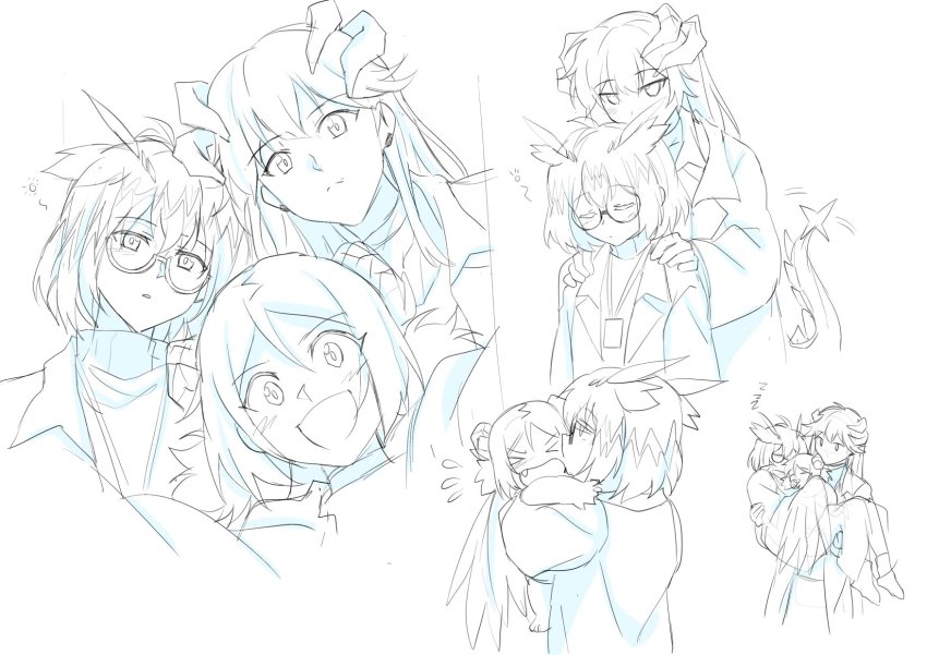 3girls, aged_down, arknights, baby, carrying, crying, demon_horns, dragon_girl