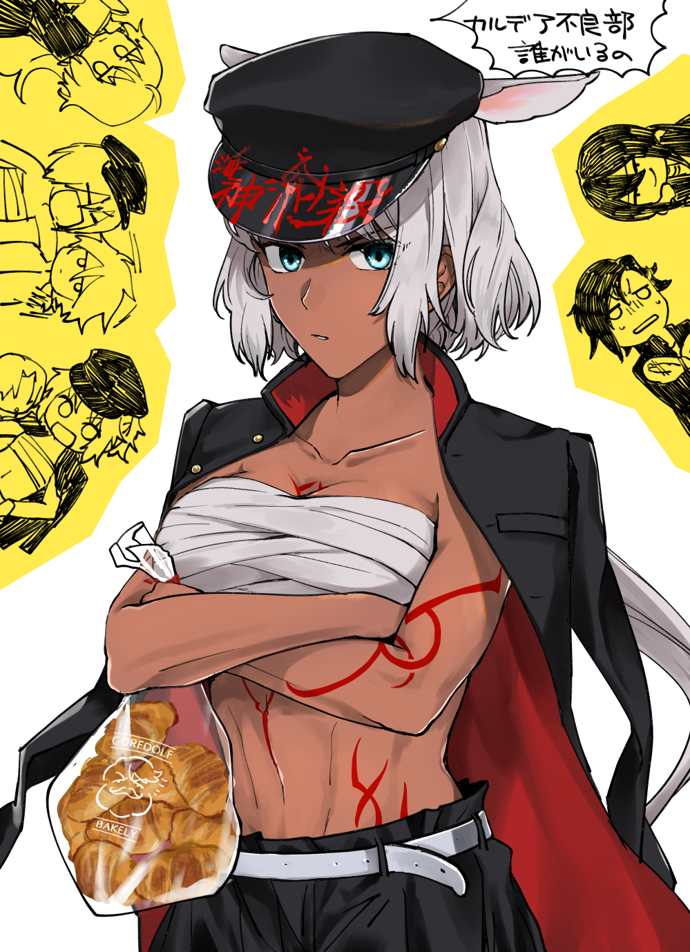 4boys, 4girls, abs, alternate_costume, ashwatthama_(fate), bag, banchou, bandages