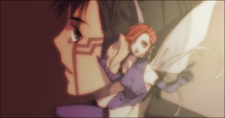 1boy, 1girl, bare_shoulders, breasts, brown_hair, closed_mouth, demi-fiend, elbow_gloves