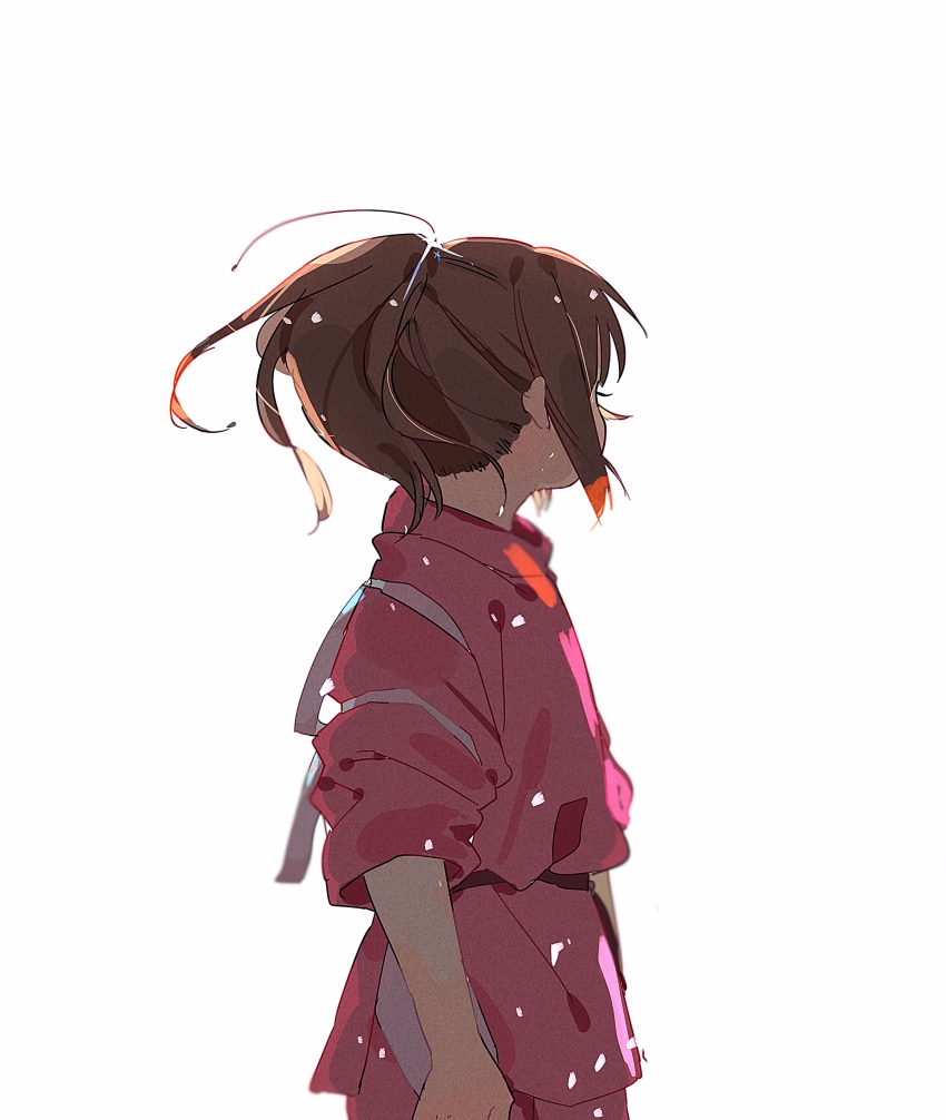 1girl, absurdres, bad_id, bad_pixiv_id, brown_hair, cowboy_shot, female_focus, from_side, highres, japanese_clothes, medium_hair, miluchi, ogino_chihiro, ponytail, sen_to_chihiro_no_kamikakushi, simple_background, solo, white_background