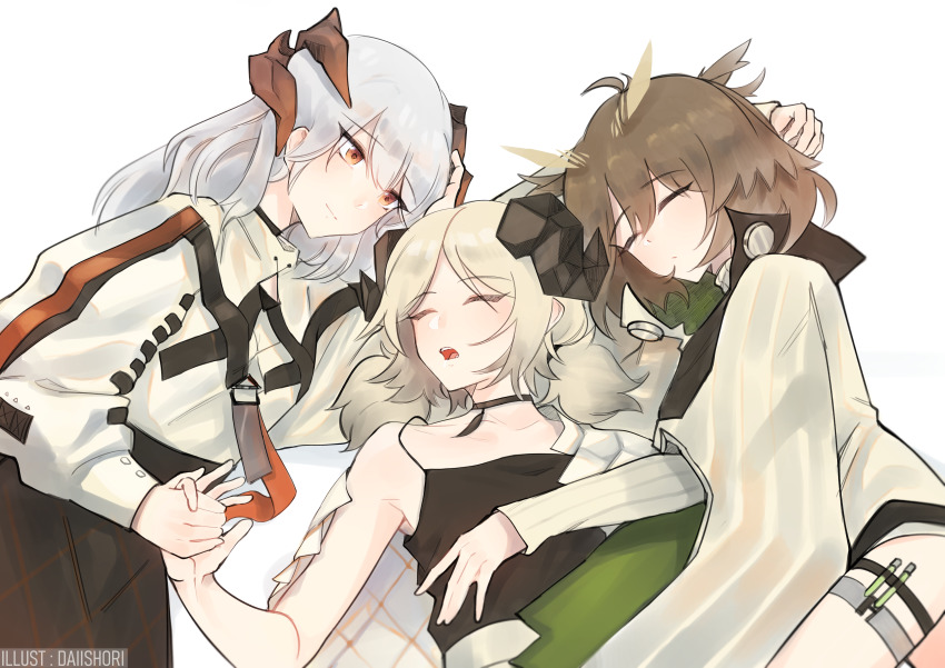3girls, ^_^, absurdres, arknights, artist_name, bad_id, bad_pixiv_id, bare_arms