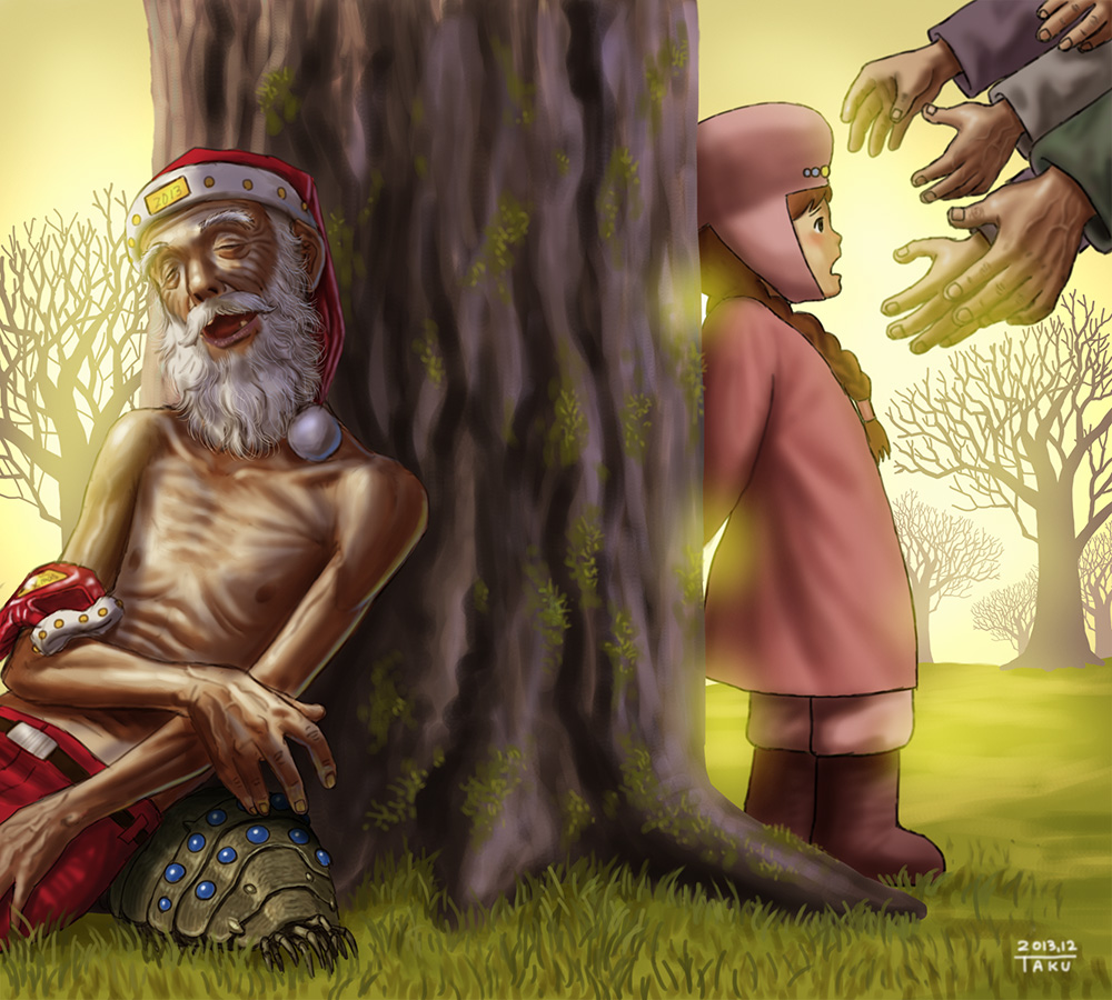 1girl, brown_hair, dress, gloves, grass, hat, kaze_no_tani_no_nausicaa, long_hair, matataku, multiple_boys, nausicaa, ohma, open_mouth, santa_claus, tree