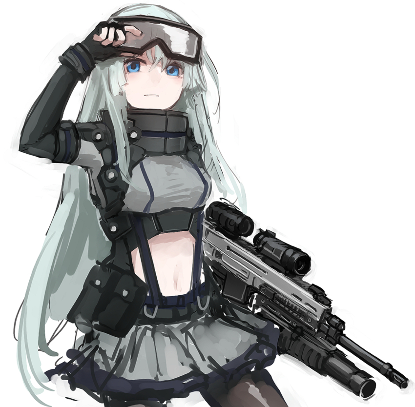 1girl, ammunition_pouch, blue_eyes, clothing_cutout, cowboy_shot, cz-805, cz-805_(girls'_frontline), cz_805_bren