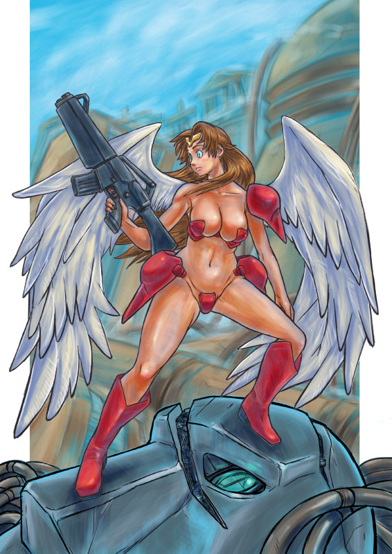1girl, armor, bikini_armor, boots, breasts, brown_hair, capcom, cleavage