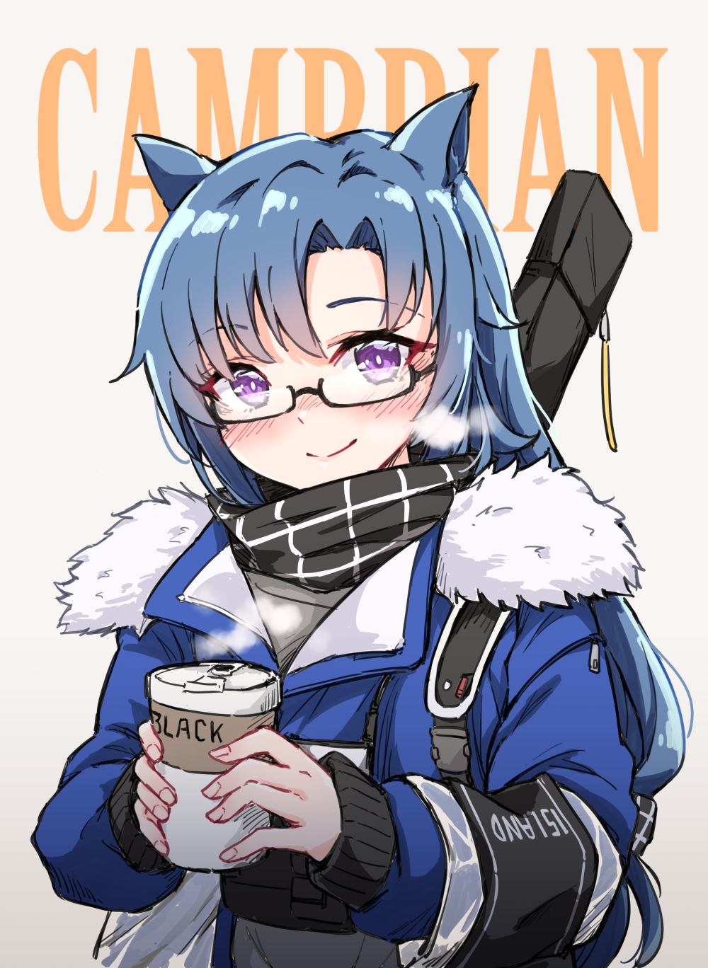 1girl, animal_ears, arknights, blue_hair, blue_jacket, blush, closed_mouth, commentary_request