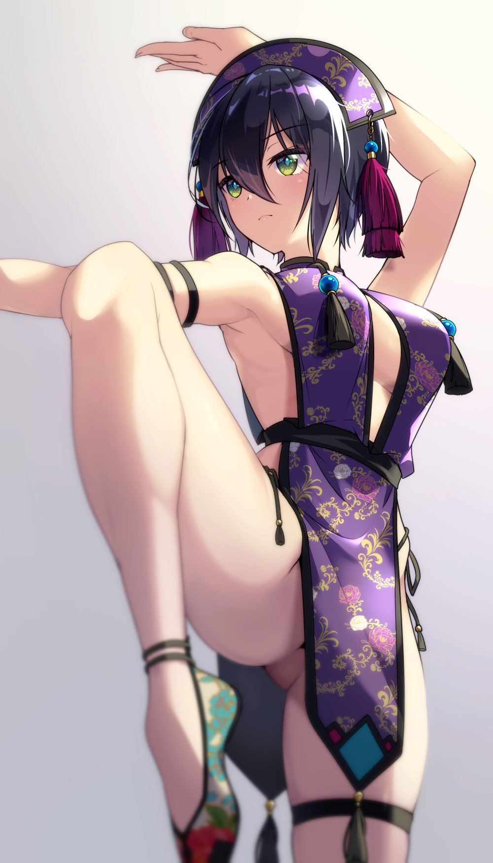 1girl, arm_strap, arm_up, armpits, ass, bare_arms, bare_shoulders, black_hair