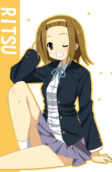 00s, 1girl, brown_eyes, brown_hair, female_focus, grin, hairband, k-on!