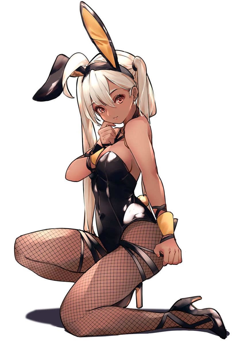 1girl, ahoge, animal_ears, black_footwear, black_leotard, blonde_hair, breasts, brown_eyes
