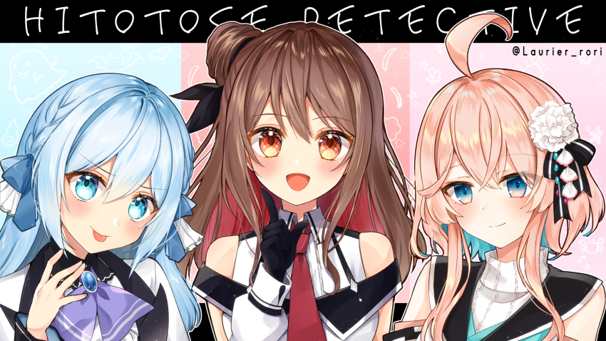 3girls, ahoge, bare_shoulders, black_gloves, blue_eyes, blue_hair, blush, braid