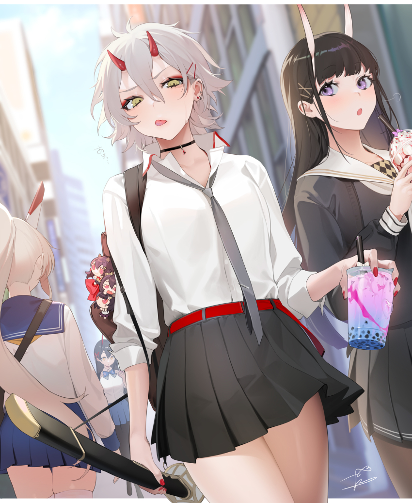 4girls, :o, :p, absurdres, ayanami_(azur_lane), azur_lane, backpack, bag