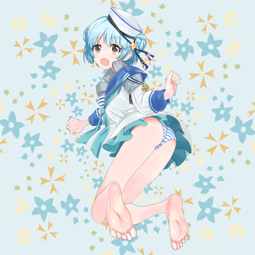 1girl, absurdres, aqua_neckerchief, aqua_skirt, ass, barefoot, black_ribbon, blue_background