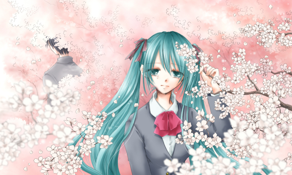 1boy, 1girl, aqua_eyes, aqua_hair, blazer, bow, cherry_blossoms, collared_shirt