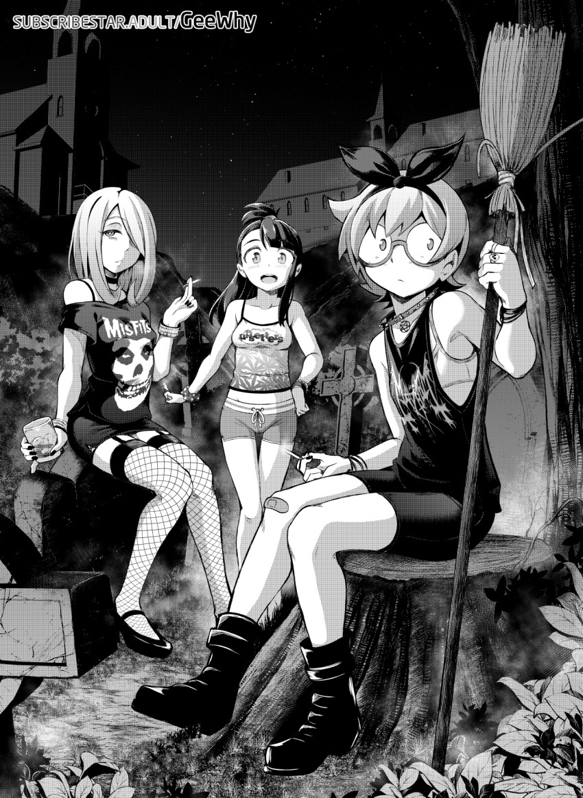 3girls, alcohol, alternate_costume, band_shirt, bandaid, bandaid_on_knee, bandaid_on_leg, bare_shoulders, boots, bra, bracelet, breasts, broom, celtic_cross, choker, church, cigarette, collarbone, cross, cup, dot_nose, drinking_glass, eyeshadow, facing_viewer, fishnet_legwear, fishnets, full_body, garter_straps, geewhy, glasses, graveyard, greyscale, hair_over_one_eye, highres, holding, holding_broom, holding_cigarette, jewelry, kagari_atsuko, little_witch_academia, long_hair, looking_at_viewer, lotte_jansson, makeup, merchandise, midriff, miniskirt, monochrome, multiple_girls, open_mouth, outdoors, pencil_skirt, round_eyewear, semi-rimless_eyewear, short_hair, short_shorts, shorts, sitting, skirt, skull_ring, sky, small_breasts, smile, smoking, standing, star_(sky), starry_sky, sucy_manbavaran, tank_top, teeth, thigh_gap, thighhighs, tombstone, training_bra, tree, tree_stump, under-rim_eyewear, underwear, upper_teeth_only, watermark, web_address
