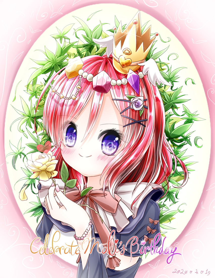 1girl, artist_name, artist_request, blue_shirt, blush, bracelet, crown, female_focus, flower, hair_between_eyes, hair_flower, hair_ornament, highres, jewelry, looking_at_viewer, love_live!, love_live!_school_idol_project, mini_crown, mtkn0831, nail_polish, nails, nishikino_maki, pink_nails, purple_eyes, red_hair, shirt, short_hair, smile, solo, wings, x_hair_ornament, yellow_flower