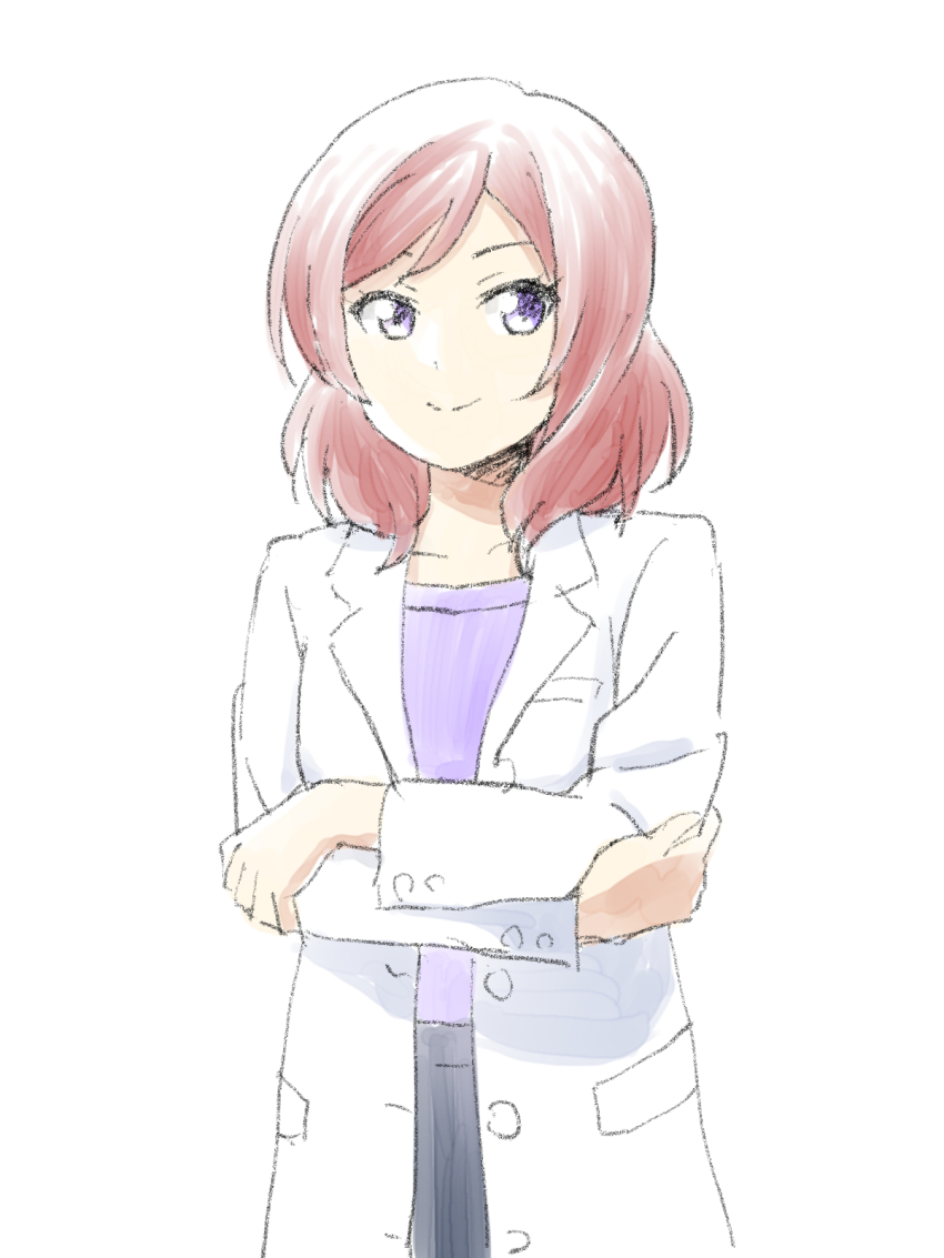 1girl, artist_name, artist_request, black_pants, blush, collarbone, doctor, female_focus