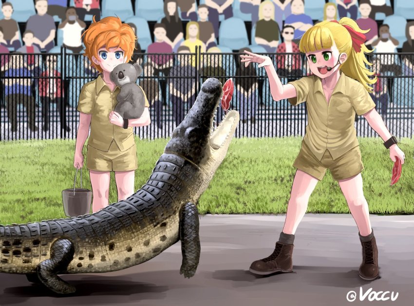2girls, :d, animal, ankle_boots, black_footwear, black_legwear, blonde_hair, blue_eyes, blunt_bangs, boots, brown_shirt, brown_shorts, buckle, closed_mouth, collared_shirt, commentary, cosplay, crocodile, crocodilian, crowd, english_commentary, feeding, fence, food, girls_und_panzer, grass, green_eyes, hair_ribbon, headset, holding, holding_animal, kamonohashi_(girls_und_panzer), koala, looking_at_another, meat, medium_hair, messy_hair, multiple_girls, open_mouth, orange_hair, ponytail, red_ribbon, ribbon, shirt, short_hair, short_sleeves, shorts, smile, socks, standing, steve_irwin, steve_irwin_(cosplay), twitter_username, voc, wallaby_(girls_und_panzer), watch, wristwatch