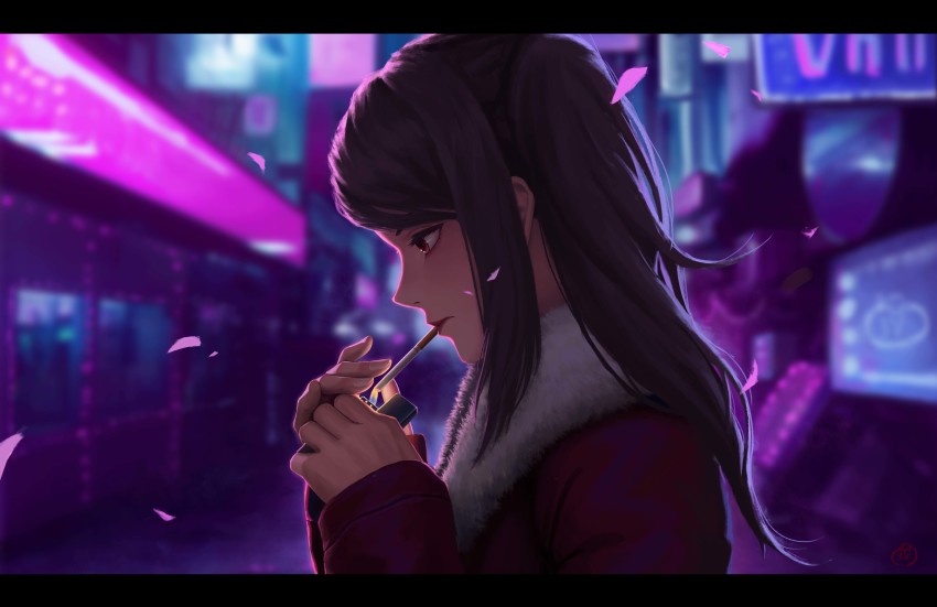 1girl, 3v_ju, absurdres, blurry, blurry_background, cigarette, commentary, depth_of_field