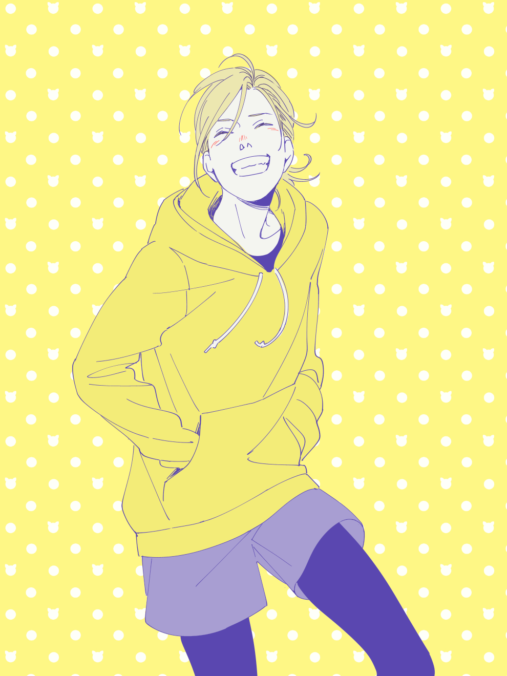 1boy, ^_^, black_legwear, blonde_hair, blush, closed_eyes, grin, hands_in_pockets, highres, hood, hoodie, pantyhose_under_shorts, male_focus, natsuno_(natsunosho), pantyhose, polka_dot, polka_dot_background, shorts, smile, yellow_background, yuri!!!_on_ice, yuri_plisetsky