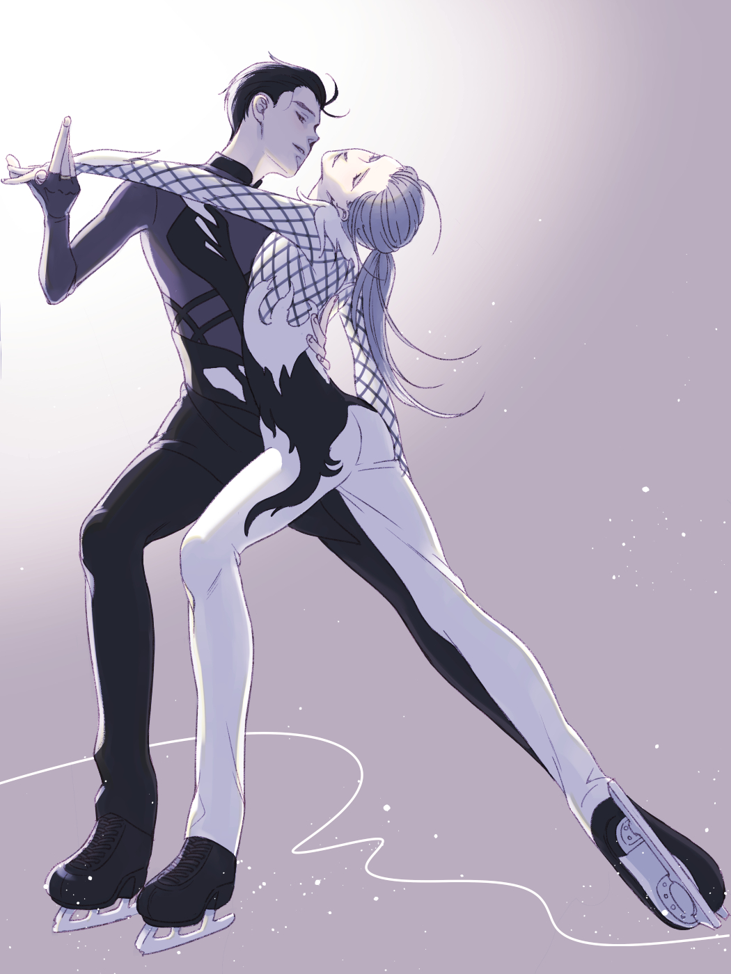 2boys, aged_down, black_hair, bodysuit, brown_eyes, closed_eyes, figure_skating, highres
