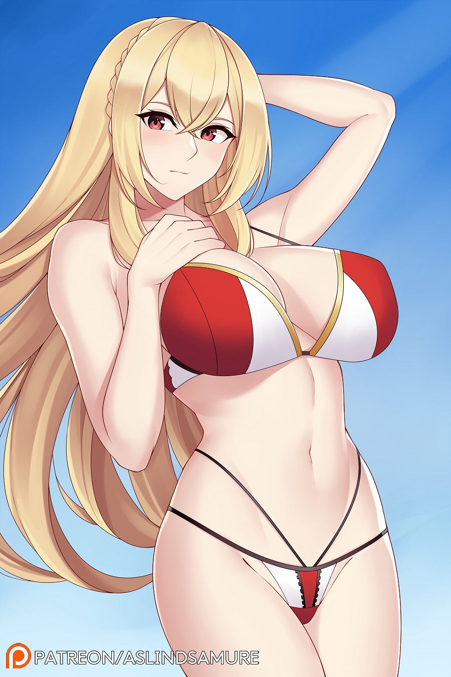 1girl, arm_behind_head, aslindsamure, azur_lane, bare_shoulders, blonde_hair, blue_background, blush