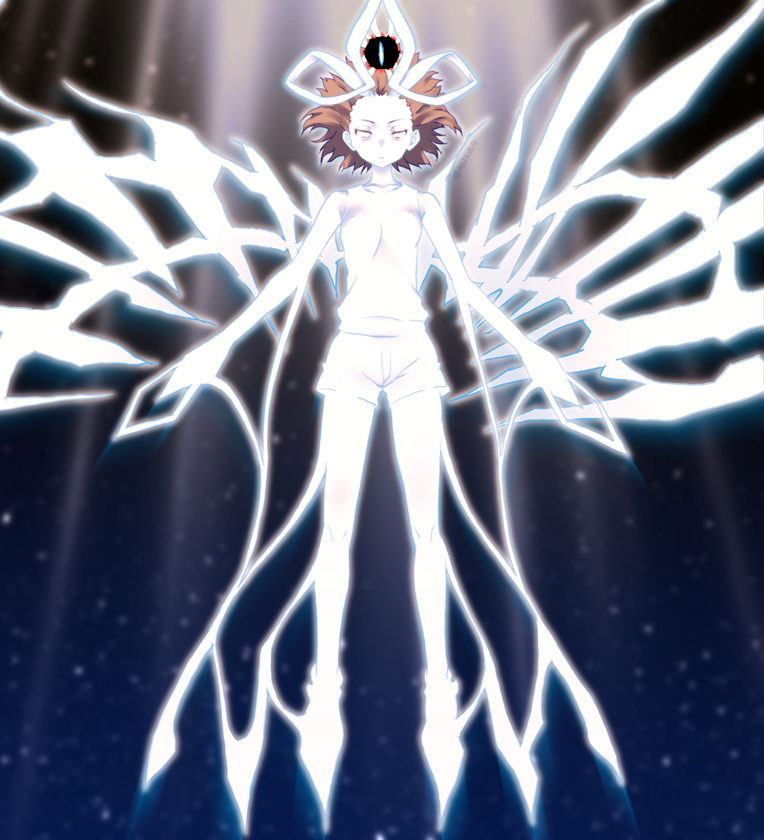 1girl, bare_arms, bare_shoulders, black_eyes, blank_eyes, breasts, brown_hair, collarbone