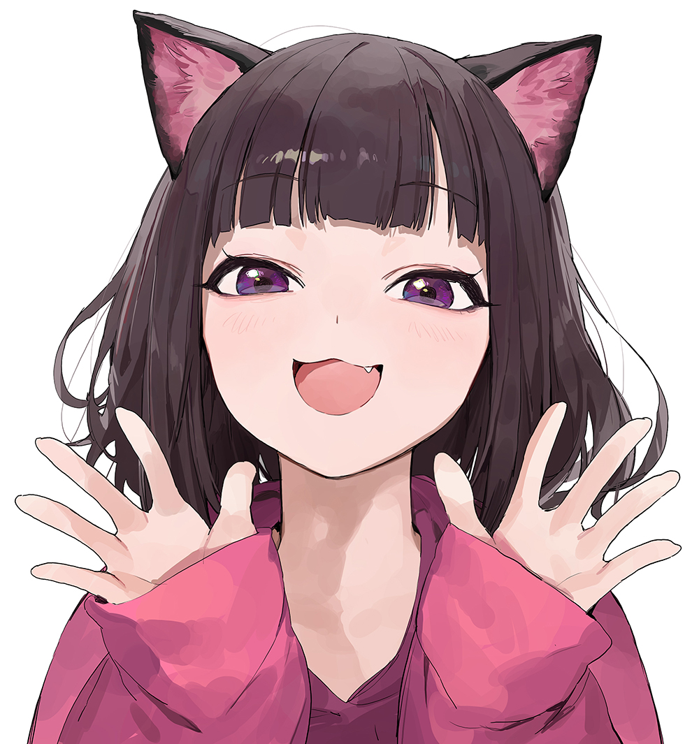 animal_ears, blunt_bangs, blush, bob_cut, brown_hair, cat_ears, commentary, fang