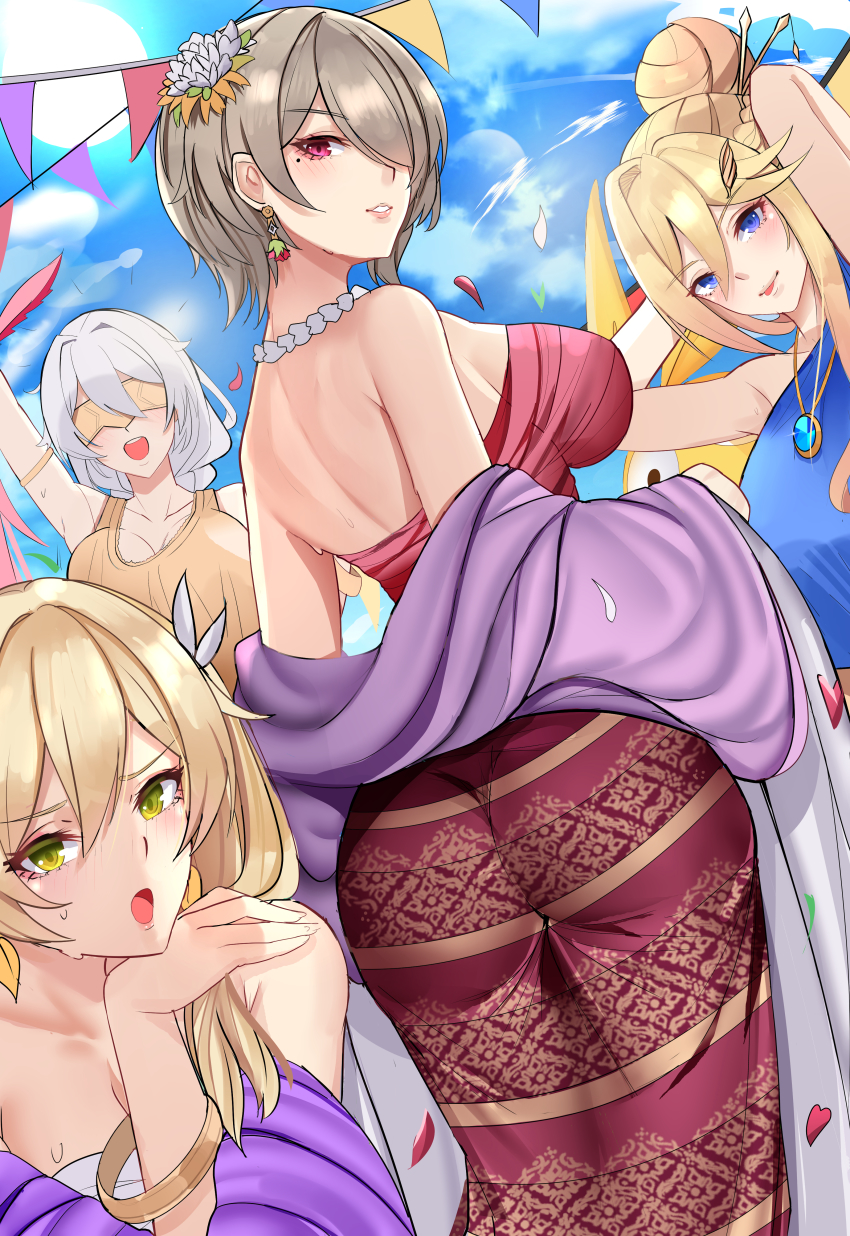 1boy, 3girls, absurdres, ass, back, bare_shoulders, blindfold, blonde_hair