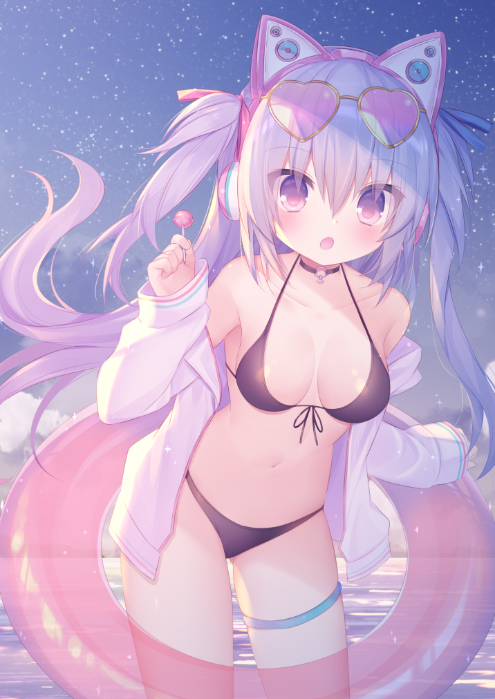1girl, animal_ear_headphones, animal_ears, bare_shoulders, bikini, black_bikini, black_choker, blush