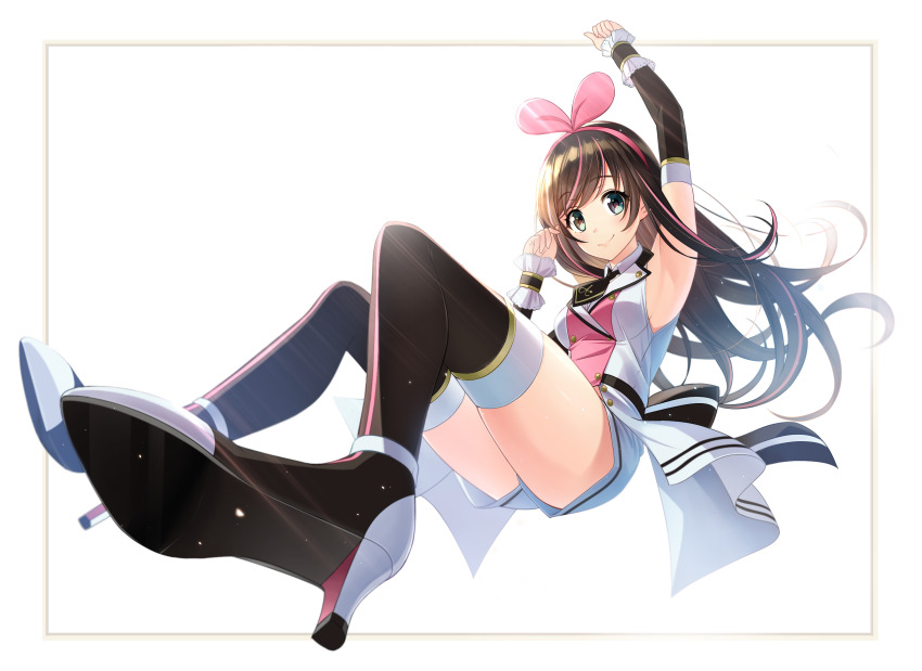 1girl, armpits, arms_up, boots, bow, breasts, brown_eyes, brown_hair