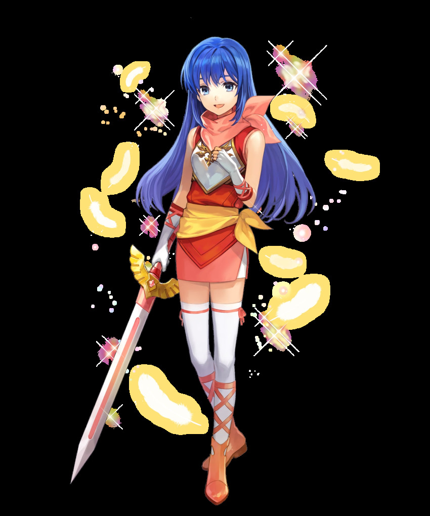 1girl, aged_down, armor, bare_shoulders, blue_eyes, blue_hair, boots, caeda_(fire_emblem)