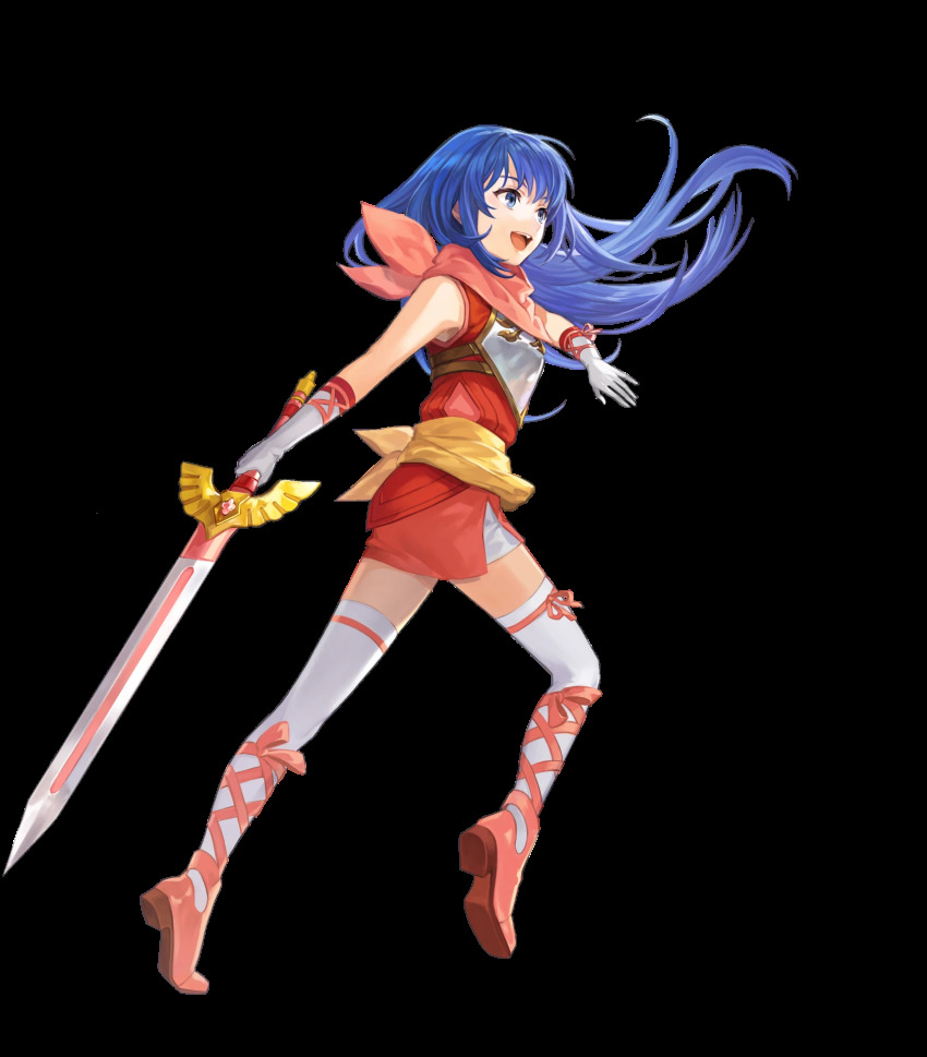 1girl, aged_down, armor, bare_shoulders, blue_eyes, blue_hair, boots, caeda_(fire_emblem)