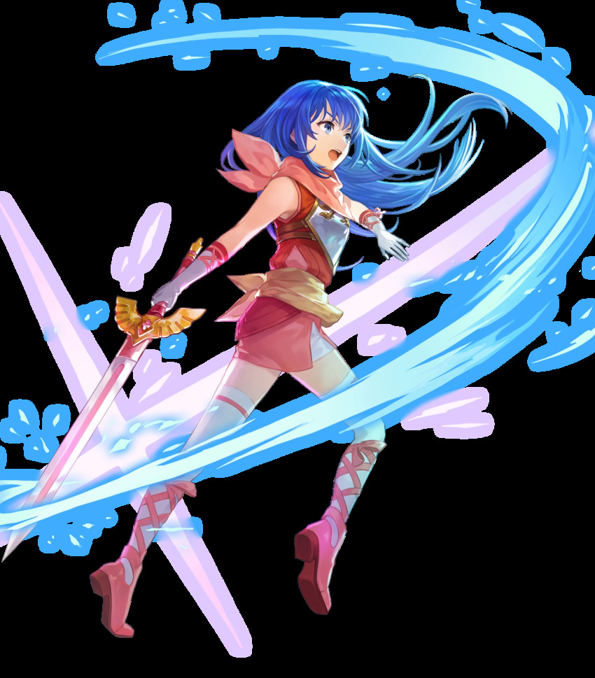1girl, aged_down, armor, bare_shoulders, blue_eyes, blue_hair, boots, caeda_(fire_emblem)