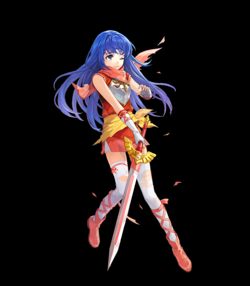 1girl, aged_down, armor, bare_shoulders, blue_eyes, blue_hair, boots, caeda_(fire_emblem)