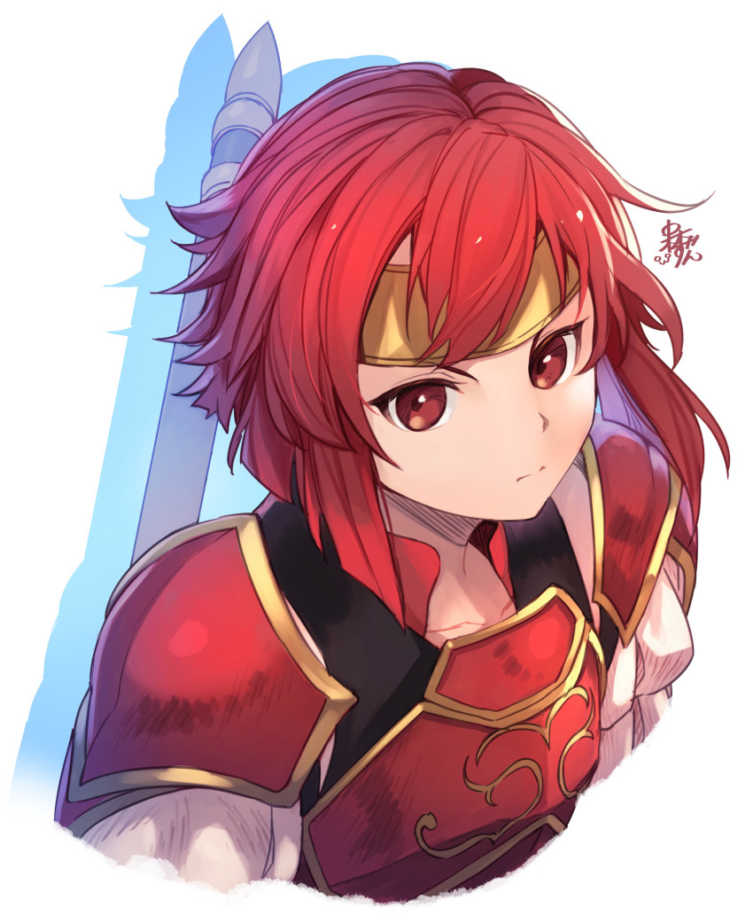 1girl, aged_down, armor, closed_mouth, female_focus, fire_emblem, fire_emblem:_mystery_of_the_emblem, fire_emblem_heroes, headband, highres, minerva_(fire_emblem), minerva_(princess-knight)_(fire_emblem), nakabayashi_zun, nintendo, red_eyes, red_hair, short_hair, simple_background, solo, white_background, yellow_headband
