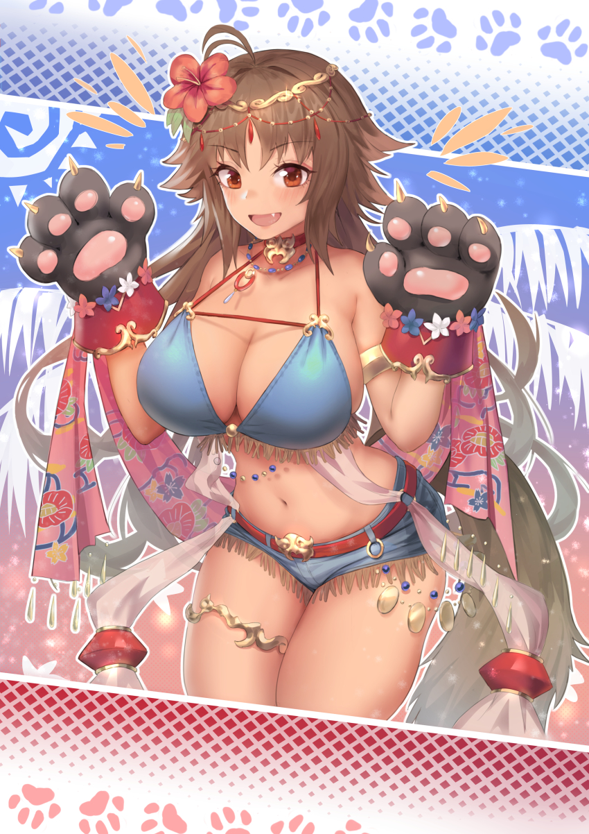 1girl, :d, absurdres, animal_hands, anklet, antenna_hair, armlet, bare_shoulders, belt, bikini, bikini_top_only, blue_bikini, blue_shorts, breasts, brown_hair, choker, circlet, cleavage, dark-skinned_female, dark_skin, denim, denim_shorts, fang, female_focus, flower, fringe_trim, gloves, gold_trim, hair_flower, hair_ornament, halterneck, hands_up, highres, jewelry, kaori_(princess_connect!), kaori_(summer)_(princess_connect!), large_breasts, long_hair, looking_at_viewer, midriff, mochirong, navel, necklace, open_mouth, orange_eyes, paw_gloves, princess_connect!, red_flower, short_shorts, shorts, smile, solo, stomach, strap_gap, swimsuit, thighlet, thighs, very_long_hair