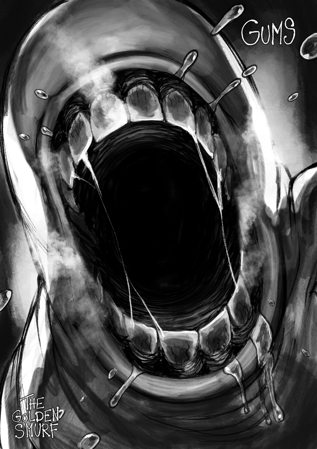 artist_name, character_name, greyscale, gums_(one-punch_man), highres, monochrome, monster, no_humans, one-punch_man, open_mouth, portrait, solo, teeth, the_golden_smurf