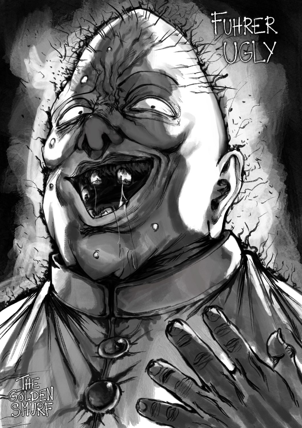 1boy, artist_name, character_name, commentary, english_commentary, fingernails, fuhrer_ugly, greyscale, hand_up, highres, looking_at_viewer, male_focus, monochrome, one-punch_man, portrait, smile, solo, the_golden_smurf