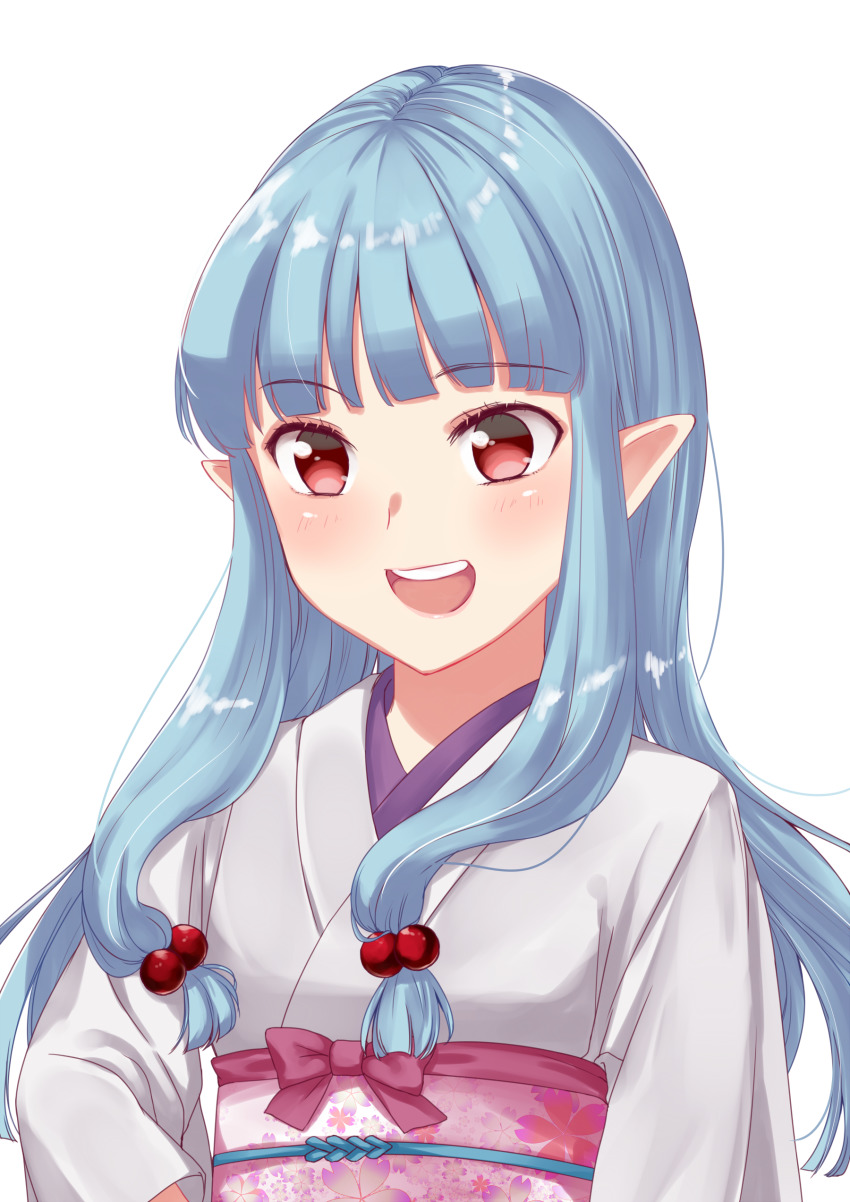 1girl, :d, absurdres, blue_hair, blunt_bangs, commentary_request, female_focus, hair_bobbles, hair_ornament, hand_on_own_hip, highres, japanese_clothes, kimono, kiriha_(tsugumomo), long_hair, obi, open_mouth, pointy_ears, red_eyes, sash, shirokuro_neko_(ouma_haruka), sidelocks, simple_background, smile, solo, teeth, tsugumomo, upper_body, upper_teeth_only, white_background, white_kimono