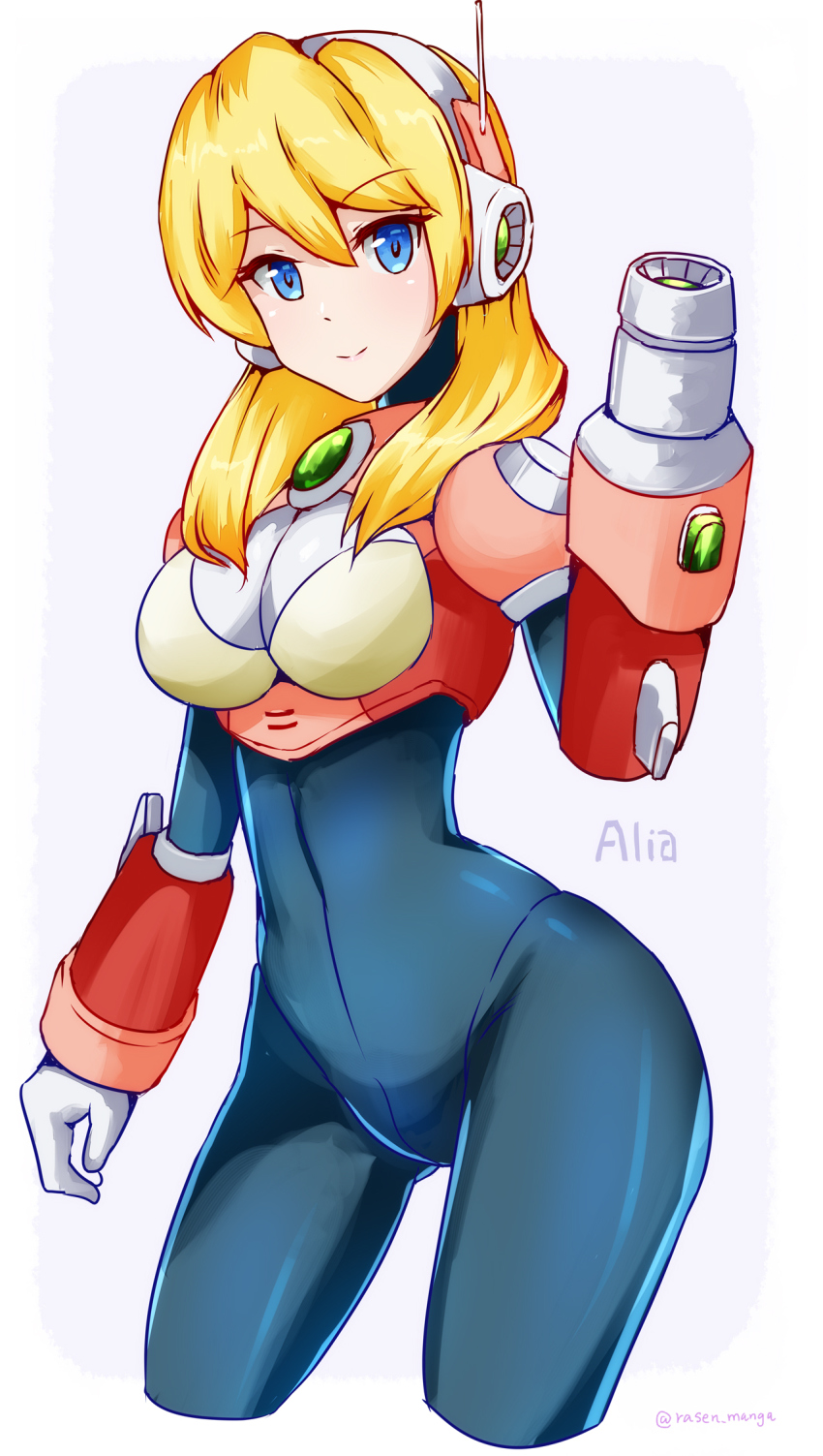 1girl, alia_(mega_man), android, arm_cannon, armor, blonde_hair, blue_bodysuit, blue_eyes