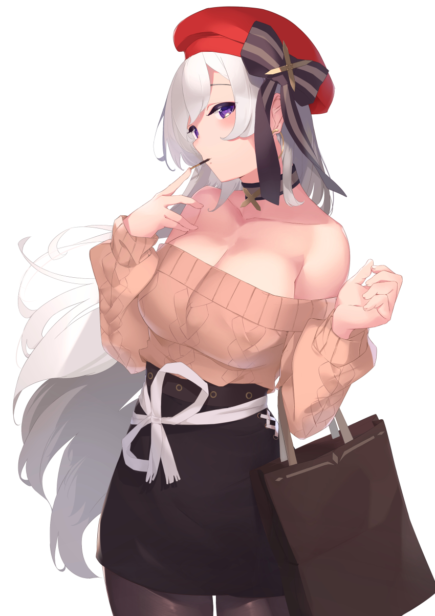 1girl, absurdres, aran_sweater, azur_lane, bag, belfast_(azur_lane), belfast_(shopping_with_the_head_maid)_(azur_lane), beret, black_skirt, blush, breasts, brown_sweater, cable_knit, choker, cleavage, collarbone, earrings, female_focus, food, hat, highres, hoop_earrings, huge_breasts, jewelry, long_hair, looking_at_viewer, off-shoulder_sweater, off_shoulder, pantyhose, pencil_skirt, pocky, red_hat, shopping_bag, silver_hair, simple_background, skirt, smile, solo, sweater, u-st_(uweiter), white_background
