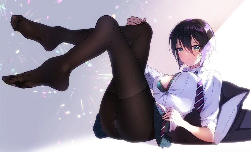 1girl, aqua_bra, ass, bad_id, bad_twitter_id, black_hair, blouse, blue_skirt