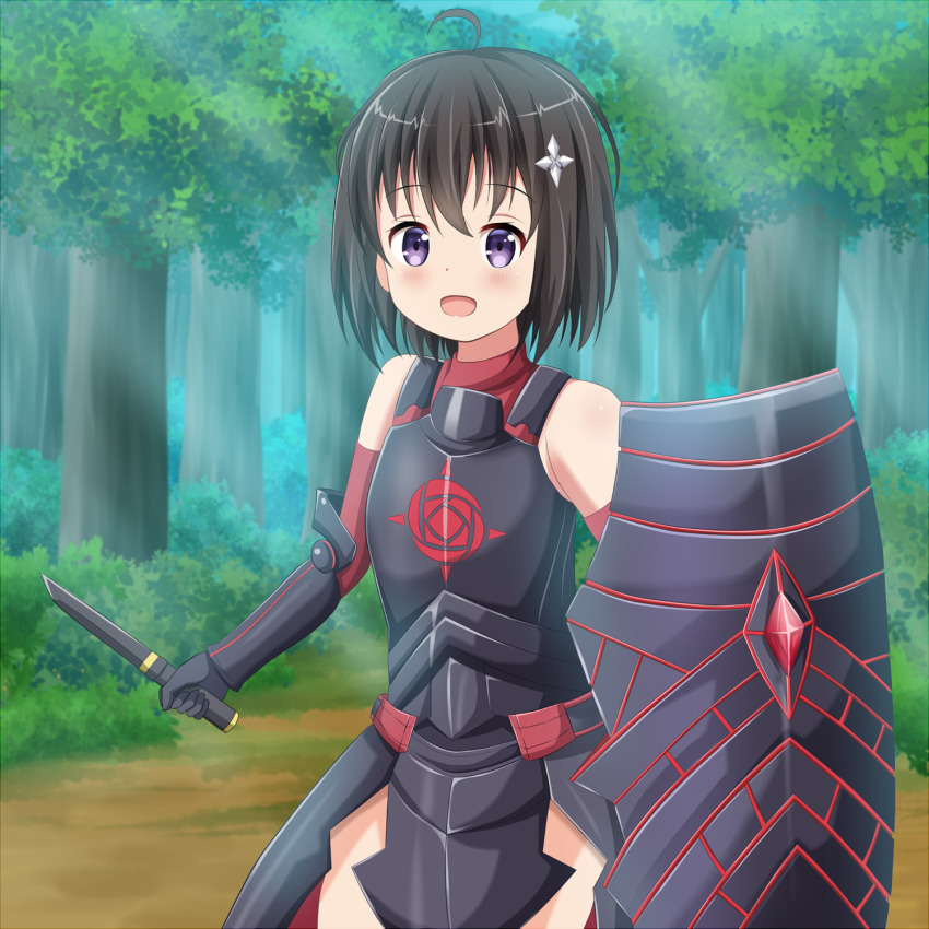 1girl, :d, ahoge, armor, armored_dress, bare_shoulders, black_armor, black_gloves