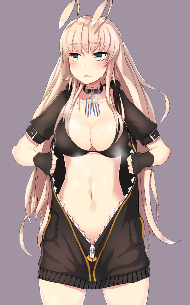 1girl, antenna_hair, antennae, azur_lane, bikini, black_bikini, black_collar, black_hoodie