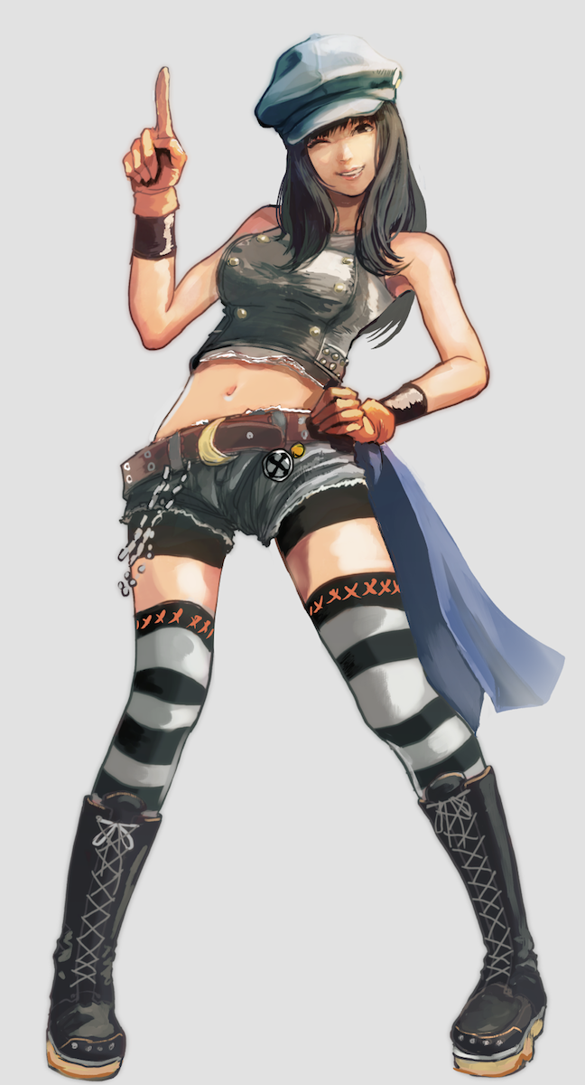 1girl, wallet_chain, bike_shorts, black_boots, blue_hat, boots, newsboy_cap, denim, female_focus, final_fantasy, final_fantasy_vii, final_fantasy_vii_remake, gauss_<bokashi, gauss_<counting_on_more_blur, gloves, hand_on_own_hip, hat, highres, kyrie_canaan, lace-up_boots, looking_at_viewer, navel, one_eye_closed, short_shorts, shorts, shorts_under_shorts, sleeveless, smile, solo, square_enix, stomach, striped_clothes, striped_thighhighs, thighhighs