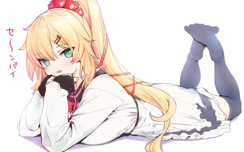 1girl, akai_haato, akai_haato_(loungewear), arm_support, black_thighhighs, blonde_hair, blush, breasts