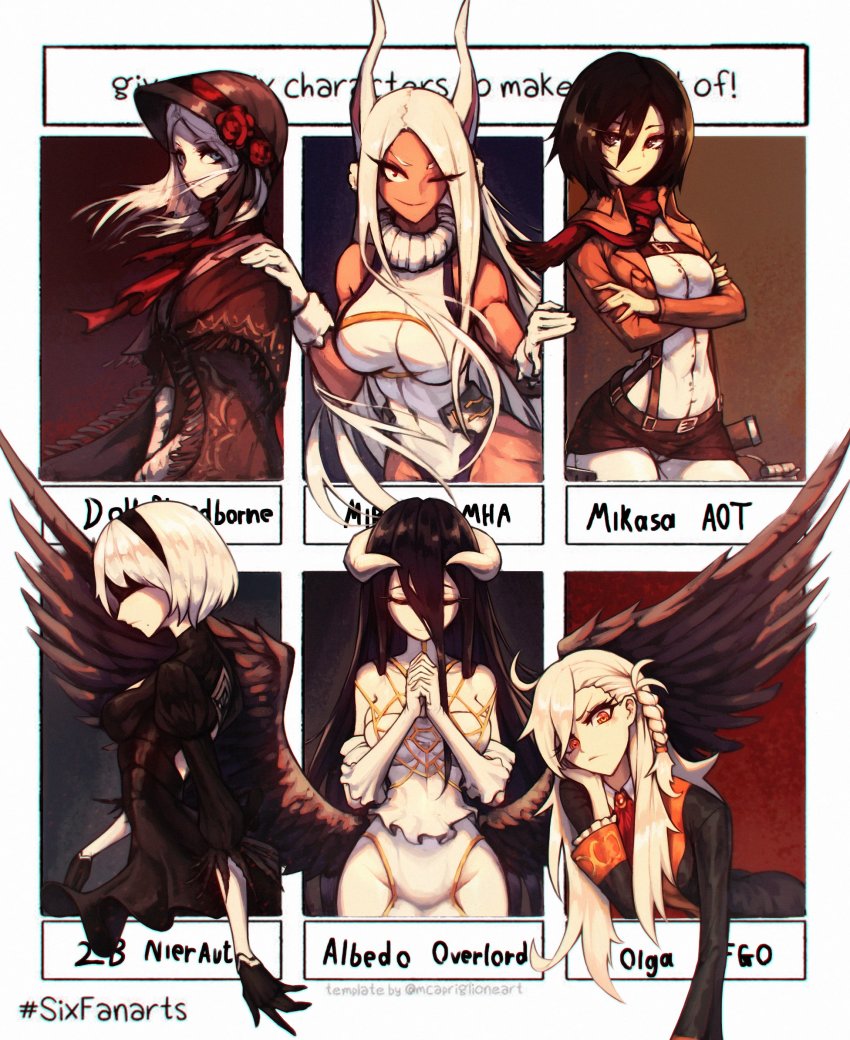 2b_(nier:automata), 6+girls, albedo_(overlord), animal_ears, artist_request, black_dress, black_hair, bloodborne, boku_no_hero_academia, bonnet, braid, breasts, character_name, clothing_cutout, commentary, cropped_jacket, crossed_arms, dark-skinned_female, dark_skin, demon_girl, demon_horns, dress, english_commentary, fate/grand_order, fate_(series), fur_collar, hair_between_eyes, highleg, highleg_leotard, highres, hip_vent, horns, large_breasts, leotard, long_hair, medium_breasts, mikasa_ackerman, mirko, mole, mole_under_mouth, multiple_drawing_challenge, multiple_girls, muscular, muscular_female, nier:automata, nier_(series), no_panties, olga_marie_animusphere, outside_border, overlord_(maruyama), pale_skin, paradis_military_uniform, plain_doll, rabbit_ears, red_scarf, scarf, shingeki_no_kyojin, side_braid, six_fanarts_challenge, skirt_over_leggings, three-dimensional_maneuver_gear, very_long_hair, white_hair, xraydreads