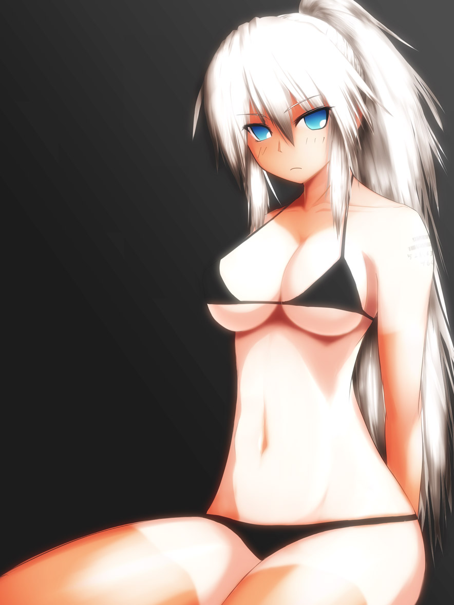 1girl, arms_behind_back, bikini, black_background, black_bikini, blue_eyes, breasts, cleavage, female_focus, frown, kiryuu_sayane, large_breasts, long_hair, looking_at_viewer, navel, no_pupils, onibi_(foxhound4185), original, ponytail, shirt_tan, shorts_tan, simple_background, sitting, solo, swimsuit, tan, tanline, tattoo, text_tattoo, white_hair