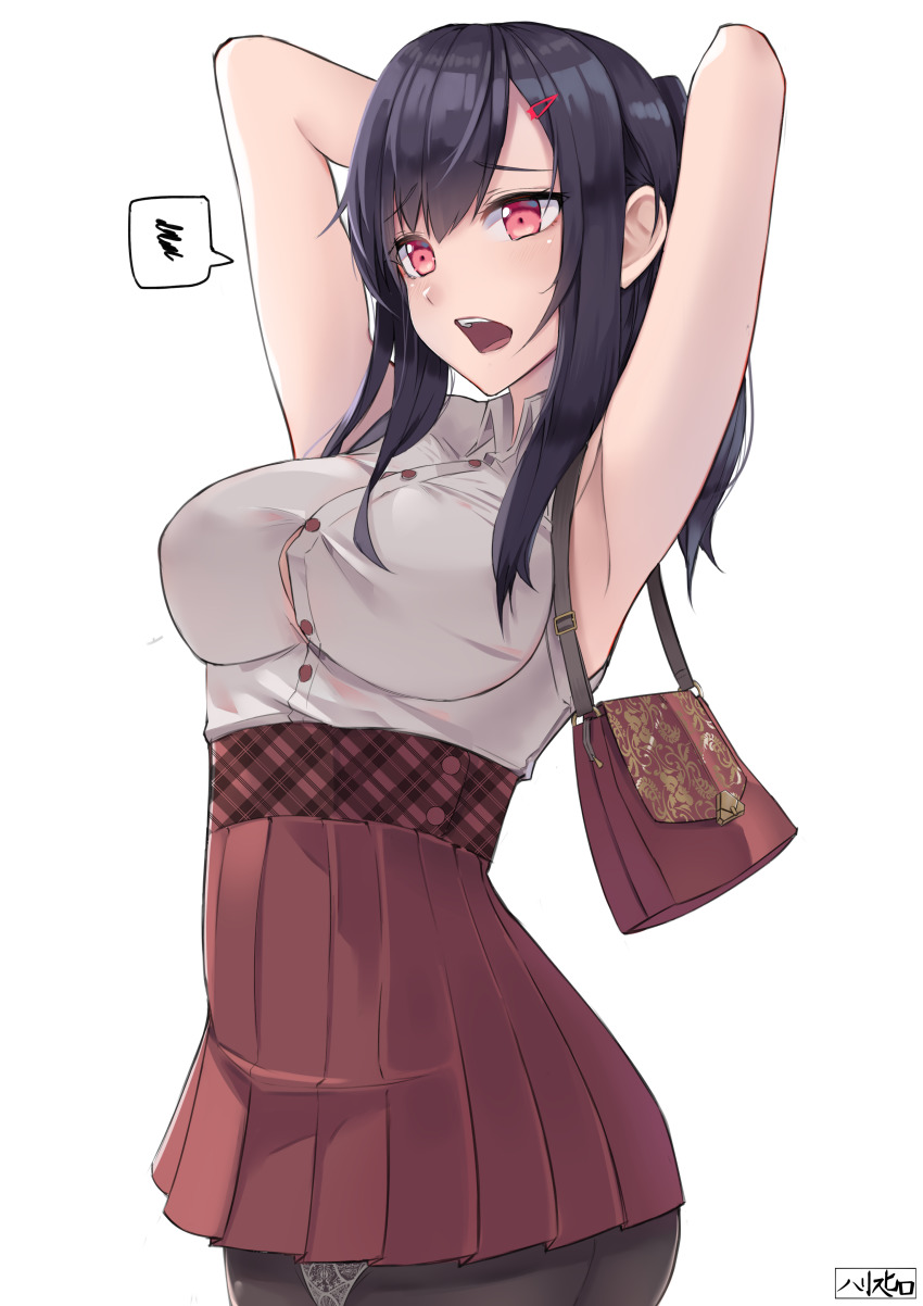 1girl, absurdres, armpits, bag, black_hair, black_pantyhose, blouse, bow, breasts, female_focus, frontal_upskirt, hair_bow, hand_on_headwear, harris_hero, highres, large_breasts, layered_clothes, layered_skirt, long_hair, looking_down, lying, open_mouth, original, panties, panties_under_pantyhose, pantyhose, pantyshot, red_eyes, red_skirt, sayaka_(harris_hero), shirt, skirt, sleeveless, sleeveless_shirt, solo, speech_bubble, thighhighs, underwear, white_background, white_shirt