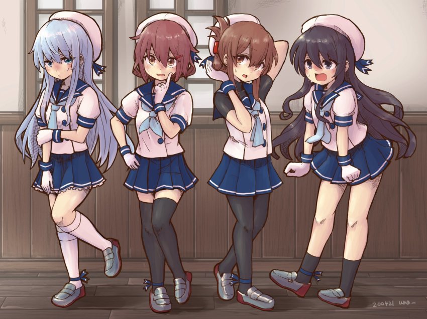 4girls, akatsuki_(kancolle), black_hair, black_socks, blue_eyes, blue_neckerchief, blue_sailor_collar, blue_skirt, brown_eyes, brown_hair, commentary_request, cosplay, etorofu_(kancolle), etorofu_(kancolle)_(cosplay), gloves, hat, hibiki_(kancolle), highres, ikazuchi_(kancolle), inazuma_(kancolle), indoors, kantai_collection, kneehighs, long_hair, matsuwa_(kancolle), matsuwa_(kancolle)_(cosplay), miniskirt, multiple_girls, neckerchief, pantyhose, pleated_skirt, puffy_short_sleeves, puffy_sleeves, purple_eyes, sado_(kancolle), sado_(kancolle)_(cosplay), sailor_collar, sailor_hat, school_uniform, serafuku, shirt, short_hair, short_sleeves, silver_hair, skirt, sleeveless, sleeveless_shirt, socks, thighhighs, tsushima_(kancolle), tsushima_(kancolle)_(cosplay), unagiman, white_gloves, white_headwear, white_legwear, window, wooden_floor