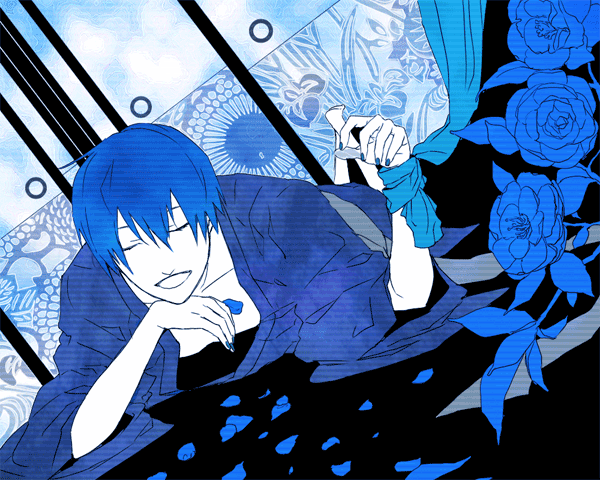 1boy, bad_id, bad_pixiv_id, blue_hair, blue_petals, closed_eyes, flower, kaito_(vocaloid), male_focus, monochrome, petals, rose, scarf, short_hair, smile, solo, tagiru, vocaloid